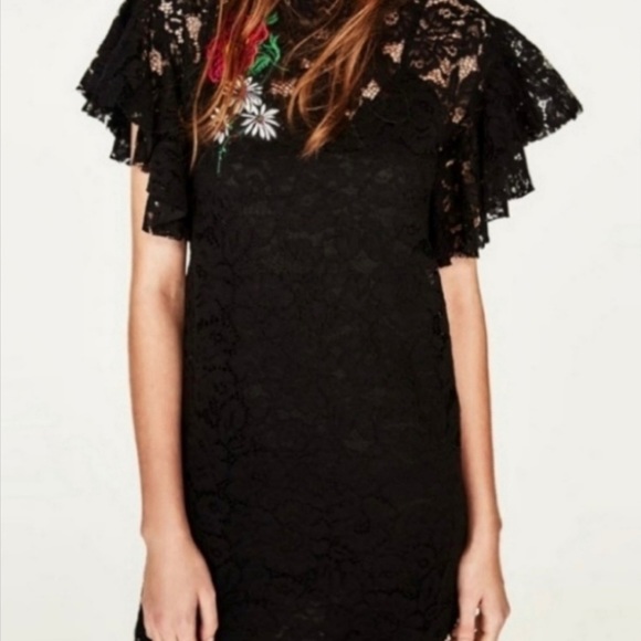 Zara • Black Lace Flutter Dress w Floral Embroidery ~ Dia de Los Muertos - Picture 4 of 4